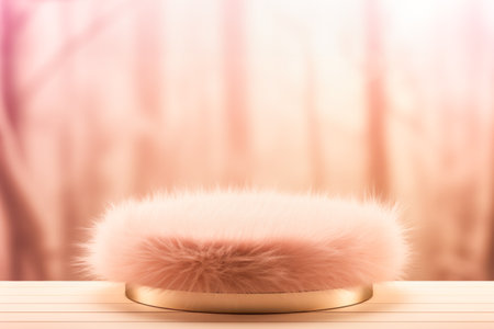 Elegant empty round fur podium for presentation against trendy peach fuzz color forest landscape background. Showcase for advertising or promotional of products. Scene stage for montage your productsの素材