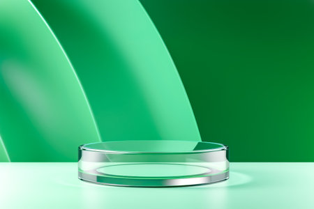 Glass podium for montage your product and presentation on emerald green gradient geometric background. Show case for natural cosmetic products. Concept scene stage for new product, promotion saleの素材