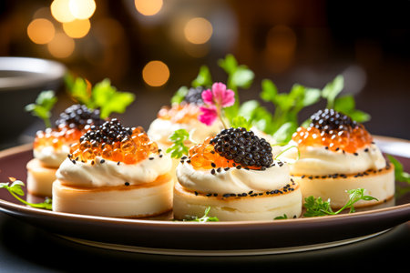 Holiday food. Tasty delicious tartlets with black and red caviar on luxurious platter against holiday background with bokeh effect. Holiday table settingの素材