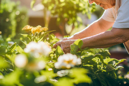 Senior retired woman is tenderly tending to her garden, hands carefully touching flowers in warm sunlight. Healthy aging life. Wellness for seniors. Positive emotions for mental healthの素材