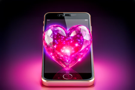 Smartphone emitting heart-shaped pink crystal against dark background. Concept of love, digital expression of emotions for Valentine's Day promotions, ads, romance app interfaces, social media contentの素材