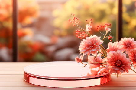 Empty glass podium for presentation on summer landscape background with chrysanthemum flower. Show case for natural cosmetic products. Concept scene stage for montage new product and promotion saleの素材