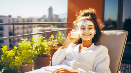 Happy young woman in housecoat lies relaxed with peeling mask on his face on sustainable balcony with potted plants overlooking the city. Concept of health, relax, self care and me timeの素材