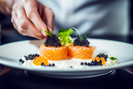 Chef's hands meticulously garnish gourmet dish of salmon rolls topped with caviar on a white plate, capturing art of fine dining and culinary excellence in food presentation. Healthy luxury seafoodの素材