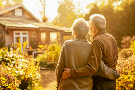 Senior couple embraces, walking towards cozy home amid golden light and garden in sunset evening embodying enduring love and peaceful retirement living. Healthy aging lifeの素材