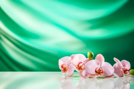 Beautiful scene stage against glowing green silk background with orchidsの素材