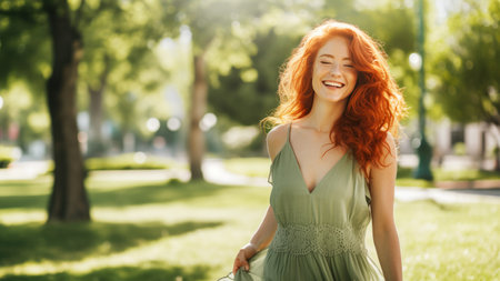 Young smiling woman with long red hair wearing in green dress walks and smiles in sunny summer parkの素材