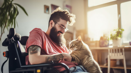Man in wheelchair tenderly interacts with his cat, showcasing comfort and companionship pets offer to people with disabilities in home. Concept of life of people with disabilities and limited mobilityの素材