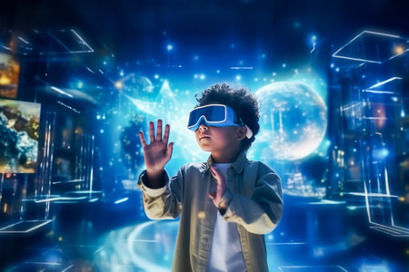 Schoolboy wearing virtual reality glasses is studying modern computer technology in technology-oriented training program. Alpha generation and the concept of learning new technologiesの素材