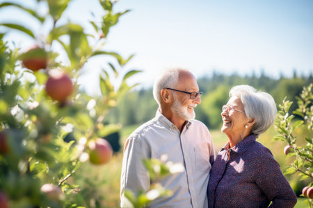 Older couple shares tender moment, smiling at each other with background of fruits garden. Image radiates warmth, affection, timeless concept of enduring love. Retirement living and healthy aging lifeの素材