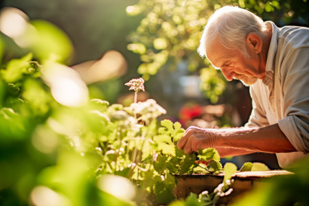 Senior retired man is tenderly tending to his garden, hands carefully touching flowers in warm sunlight spring garden. Healthy aging life. Positive emotions for mental healthの素材