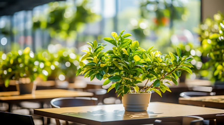 Food court interior with green potted plants on wooden tablesの素材