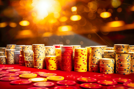 Stack of red and golden poker chips on casino game tableの素材