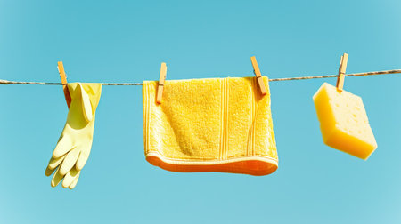 Spring composition with kitchen rag, kitchen sponge and rubber gloves hanging on clothesline against clear blue sky backdrop. Spring cleaning concept. Close-upの素材