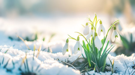View of the spring flowers in snowy park. New fresh snowdrop blossom in beautiful morning with sunlight. Wildflowers in the nature. Copy spaceの素材