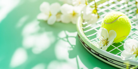 Tennis. Spring sport composition with yellow tennis ball and racket on tender light blue background with white blooming flowers. Sport and healthy lifestyle. Concept of outdoor game sports. Copy spaceの素材