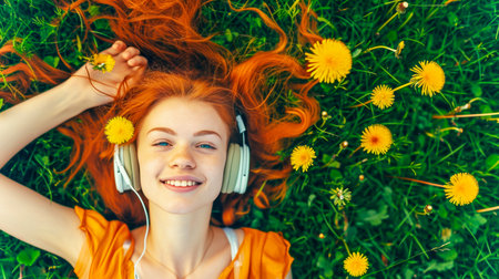 Serene image of relaxation and self-care. Joyful young woman lies in summer field of dandelions, headphones on, embodying essence of mental health and importance of 'me time' in tranquility of natureの素材