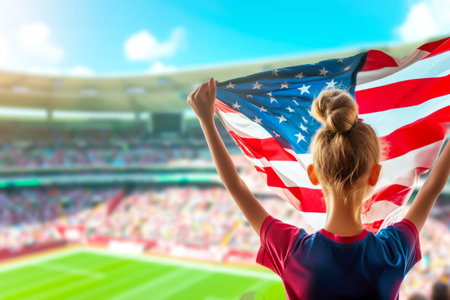 Young spectator stands in stadium, arms raised high, holding American flag, embodying national pride and sports enthusiasm under the bright skies of eventful game day. Concept of sport competitionsの素材