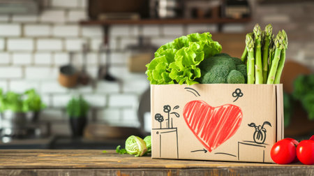 Cardboard box full of fresh, vibrant greens and vegetables sits on a kitchen counter, with a heart drawn on it, symbolizing love for healthy eating and the importance of a diet rich in natural produceの素材