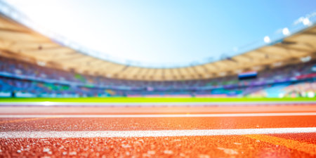 Blurred sport background for design with blurred stadium with vibrant red of running track under glow of sunlight and clear sky. Perfect for design themes that require energetic and athletic ambianceの素材