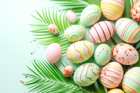 Spring Easter composition with sweets chocolate eggs artfully arranged among palm fronds, perfect for seasonal advertising, festive greetings, and celebrating joy and renewal that holiday bringsの素材
