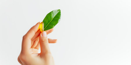 Female hand holds natural vitamin capsule, with fresh green leaf, symbolizing wholesome purity of health supplements derived from nature's bounty. Concept of healthy additives of vitamin or nutrientsの素材