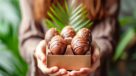Easter composition with female hands hold craft gift box of artisanal chocolate Easter eggs, symbol of tradition and thoughtful gifting on green plant background. Close upの素材
