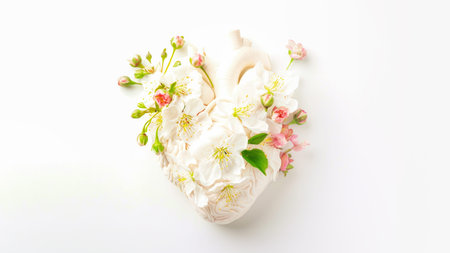 Human heart with tender spring flowers on white background. It symbolizes union of life's vitality and love's emotional core. Concept of love, health and valentine's dayの素材