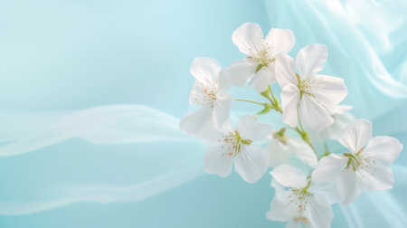 Holiday flowers backdrop with soft tender white cherry blossoms in full bloom against blurred tender blue background. Template of card for mothers day, woman's day, valentines day, 8 march or birthdayの素材
