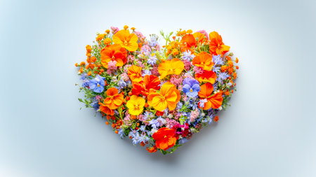 Multi colored flowers arranged into heart symbolizes love and bloom of spring. Ideal for Valentine's Day promotions, it conveys warmth, care, and affection and for special seasonal offeringsの素材