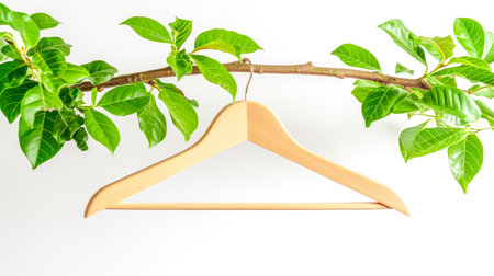 Freshness of spring and sustainable living. Wooden hanger on leafy branch against white background. Concept of eco-conscious fashion and spring sales and environmental care with styleの素材