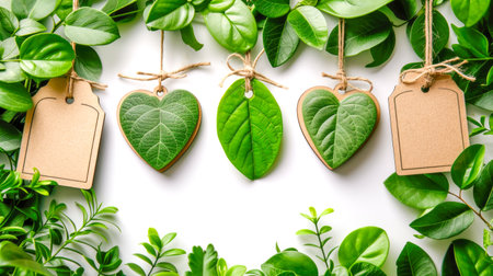 Eco friendly shopping and delivery service. Sustainable still life with empty cardboard label for your text and green leaves on white background. Zero Waste and plastic free concept. Mockupの素材