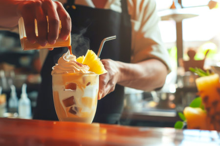 Barista topping a tropical latte with generous swirl of whipped cream and slice of pineapple, capturing essence of summer holidays enticing customers to savor blend of coffee and exotic flavorsの素材