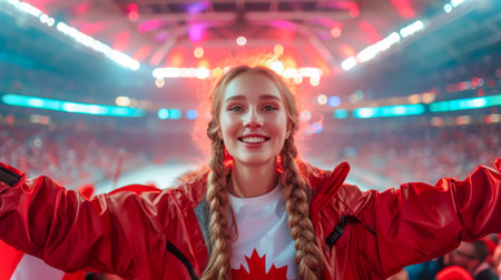 Girl fan stands in stadium wearing in national Canada, arms raised high, embodying national pride and sports enthusiasm of eventful game day. Concept of sport competitionsの素材