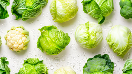 Different kind of fresh ripe green cabbages on white background with water drops. Vegetable backdrop with natural farm cabbages. Concept of healthy food, vegan or vegetarian diet and harvest. Flat layの素材