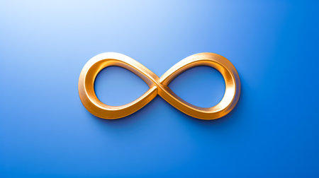 Golden infinity symbol sign on glowing bright blue backgroundの素材