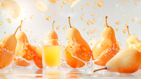 Ripe natural pears and glass of fresh pears juice with water drops on water surfaceの素材