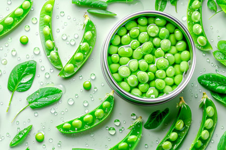 Can of canned green peas on background of young pea pods with water dropsの素材