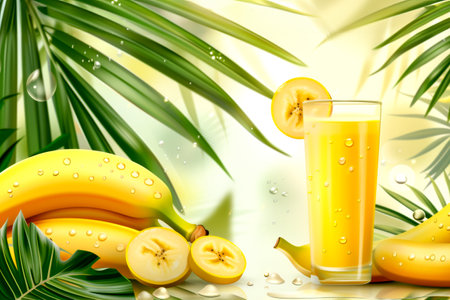 Ripe natural yellow bananas and glass of fresh bananas juice against sunny background with tropical leavesの素材