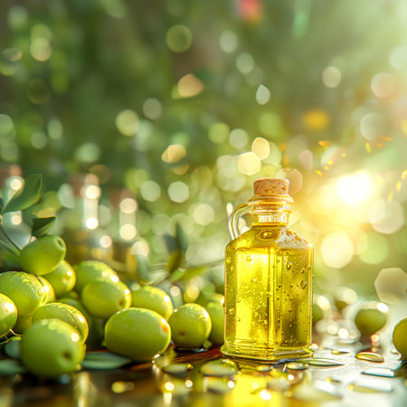 Organic farm olive oil. Glass bottle with natural olive oil and green olives against blurred background of olive grove. Healthy food. Mediterranean food. Harvest of olives. Square format, copy spaceの素材