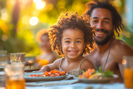 Smiling, multicultural family enjoys home-cooked meal together in open air, reflecting the rich tapestry of shared traditions and the joyous bond of kinship, diversity, and love that binds themの素材