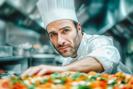 Meticulous chef, adorned in traditional white attire, carefully perfect a colorful pizza in a stainless steel kitchen, showcasing culinary artistry and dedication to gastronomic excellenceの素材