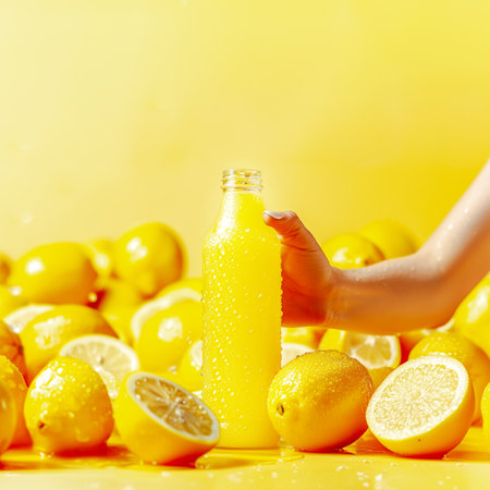Female hand holds bottle of fresh lemon juice with ripe natural lemons and oranges on sunny yellow background with water drops. Concept of healthy food, vegan or vegetarian diet and detox. Copy spaceの素材