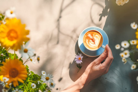Female hand cradling a cup of decaf herbal latte amidst a blooming garden signifies a serene coffee break, merging the concept of natural tranquility with a healthy coffee alternative. Copy spaceの写真素材