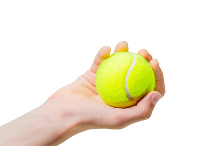 Isolated hand gently holding yellow tennis ball on white background, capturing energy, health and benefit of sport. Perfect for promoting tennis gear, active lifestyle brands, and sports eventの写真素材