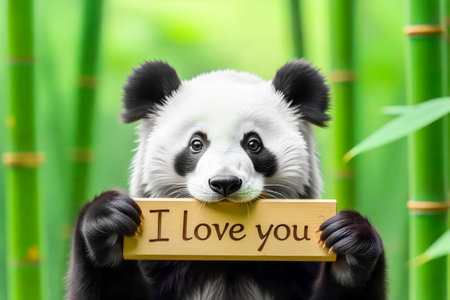 Adorable panda holding wooden sign with "I Love You"の写真素材