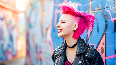 Young woman with pink mohawk and studded leather jacket smiles against graffiti-covered wall celebrating individuality and self-expression. Concept of diversity, alternative style and urban confidenceの素材