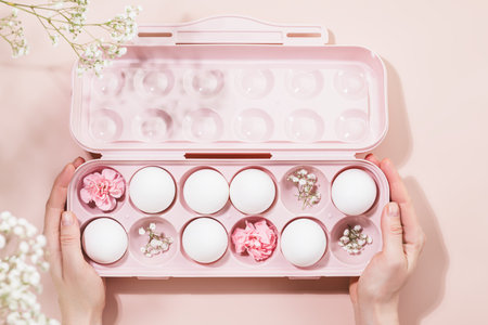 Female hands holding pink egg carton filled with white eggs and delicate pink flowers on pastel pink...