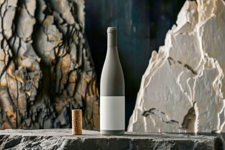 Vintage wine bottle with a blank label stands on rugged stone surface, accompanied by cork, against dark textured rocky backdrop. Concept of wine premium branding, organic winery, and refined eleganceの素材