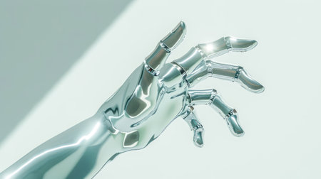 Futuristic robotic hand with sleek metallic design reaching out in soft lighting. Concept of AI, advanced technology, robotics, and future innovations in human-machine interactionの素材